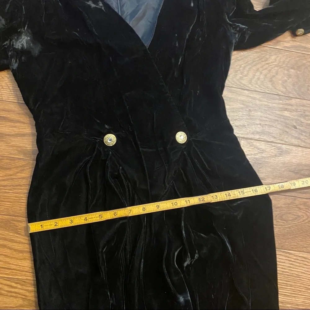 1980’s Divine Vintage Black Velvet Wiggle Dress with Gold Buttons, Marked a 8 - Picture 10 of 10